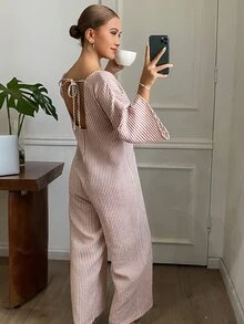 DAZY جمبسوت نسائي مخطط بياقة على شكل حرف V وتصميم أزرار وساق واسعة للملابس المنزلية - وردي - مشاهدة 2