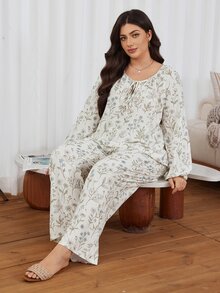 Serenescape Vacation Style Ditsy Floral Round Neck Drawstring Long Sleeve Long Pants Plus Size Pajama Set - Beige - View 6