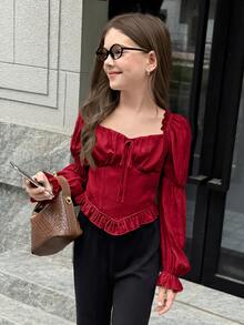 SHEIN Girlism 青少年女孩白色休閒百搭方領露肩百褶泡泡袖短版上衣，春夏新品 - 酒紅色 - 查看 5