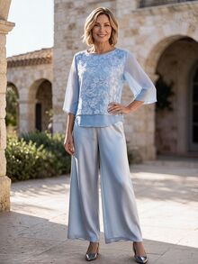 Hansera Women's Light Blue Luxury Elegant Fitted Round Neck Blouse, All-Over 3D Lace Embroidery, 2 In 1 Design With High-End Look, Perfect For Casual, Daily And Formal Occasions! - Baby Blue - View 5