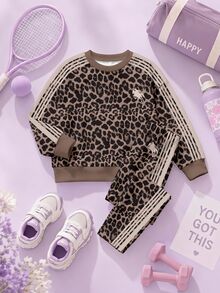 復古時尚高級栗棕色動物豹紋對比條紋女童幼兒休閒圓領長袖衛衣與刷毛抓絨內搭褲2件套，適合秋冬日常、外出、上學、運動，隨性時髦美式街頭風，舒適休閒度假新風格 - 彩色 - 查看 2