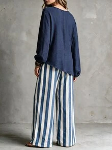 Linhara CURVE Plus Drop Shoulder Knot Side Top & Wide Leg Pants Fall - Navy Blue - View 2