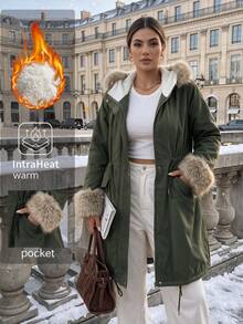 Easura Plus Size Women's Furry Cuff Drawstring Waist Casual Hooded Winter Jacket - Army Green - View 3