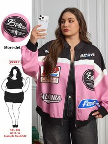 SHEIN CURVE+ Plus Size Streetwear Letter Print Colorblock Jacket - Multicolor - View 1