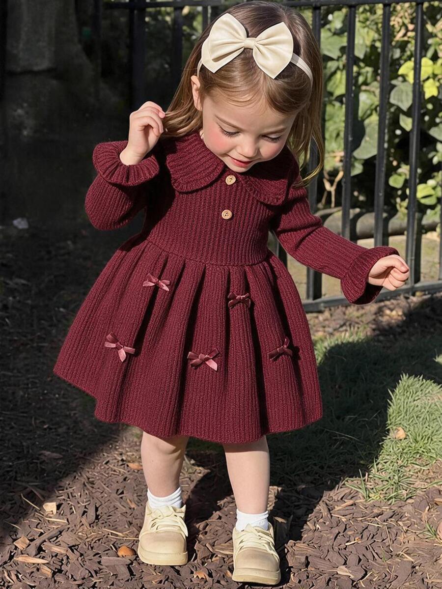 SHEIN Baby Girl Knit Contrast Color Cute Bow Collar Knit Autumn Winter Dress - Burgundy - View 1