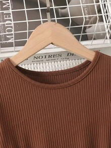 SHEIN 青少年女孩休閒優雅圓領長袖棕色灰調花卉拼接洋裝 - 棕色 - 查看 5