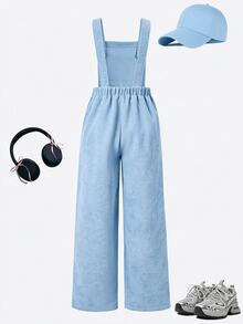 SHEIN 少女款抓絨秋季服飾 秋冬羅紋燈芯絨可調扣彈性腰連身褲，適合秋冬日常穿著 - 藍色 - 查看 2