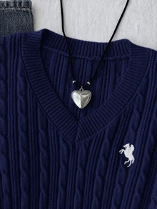 SHEIN Girlism 青少年女孩秋冬新款海軍藍小馬圖案刺繡V領修身針織麻花毛衣 - 藏蓝色 - 查看 3
