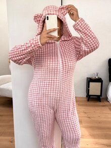 Napfluff CURVE Napfluff CURVE Plus Size Plaid Print Comfortable Hooded Fluffy One-Piece Pajamas Winter Style - Pink - View 4
