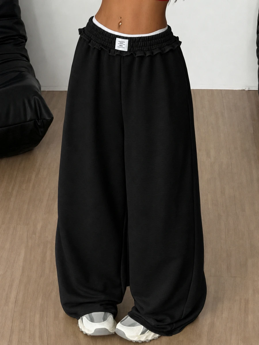 SHEIN 青少年女孩灰色大尺寸運動褲,冬季寬鬆休閒極簡舒適中腰對比色抽繩裝飾褲,四季皆宜 - 黑色 - 查看 1