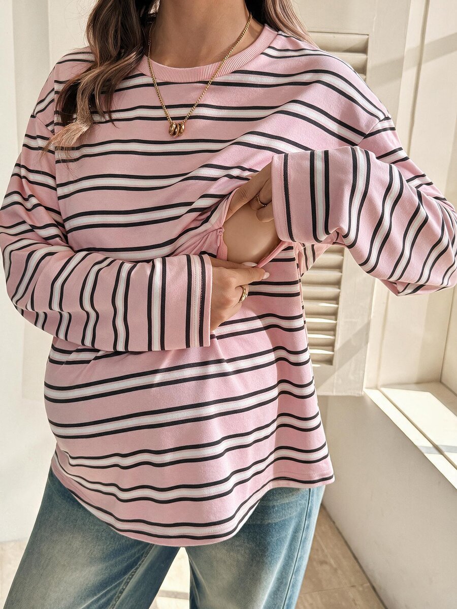 SHEIN 孕婦條紋哺乳T恤,休閒秋季穿著 - 彩色 - 查看 1