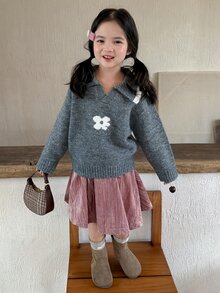 Dazy Kids Young Girls Floral Jacquard Half-Open Collar Design Pullover Sweater - Grey - View 5