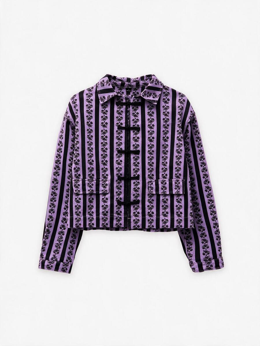 Nöista Denim Jacket With Floral And Stripes Print - Purple - View 1