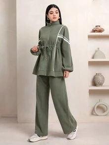 Veilorie Women's Colorblock Long Sleeve Top And Pants Casual Daily 2 Pieces Set - Army Green - View 4
