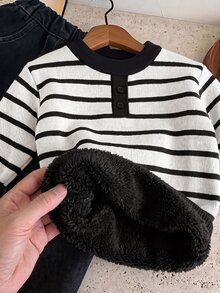 SHEIN Little Byeori 兒童小男孩休閒款柔軟舒適保暖內裡厚針織衫，適合秋冬、學校、家庭聚會、度假 - 彩色 - 查看 1