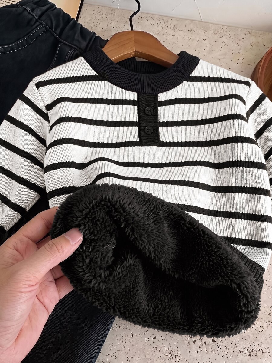 SHEIN Little Byeori 兒童小男孩休閒款柔軟舒適保暖內裡厚針織衫,適合秋冬、學校、家庭聚會、度假 - 彩色 - 查看 1