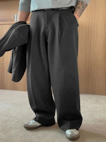 DAZY Spring/Autumn Dark Gray Solid Color Korean Style Men's Plus Size Suit Pants - Dark Grey - View 5