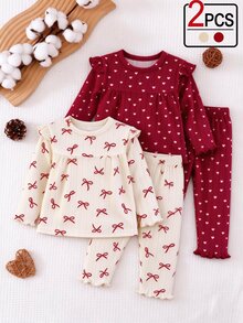 SHEIN 4pcs Toddler Girl Top Pants Set Cute Sweet Red White Heart Ribbon Frill Ribbed Long Sleeve Crew Neck Regular Holiday Fall Ballet Lettuce Hem - Red - View 7