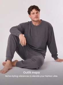 LUVLETTE Plus Size Fall Charcoal Soft Fleece Contrast Trim Cuffed Hems Round Neck Long Sleeve Lounge Sets For Men Outdoor Wear Now Trending Sleepwear Homewear - Dark Grey - View 8