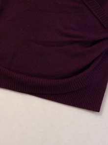 Linhara CURVE Plus Size Women's Solid Color V-Neck Faux Button Front Knit Pullover Sweater, Simple Casual Slim Fit For Autumn/Winter Commute, Office, Christmas, Halloween - Burgundy - View 8