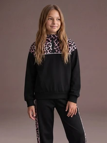 SHEIN 青少年女孩秋季套裝 2件/套 時尚休閒運動風 黑色立領夾克與長褲套裝，時尚簡約 - 黑色 - 查看 6
