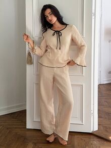 DAZY Women's Front Tie Long Sleeve Top And Pants Pajama Set - Beige - View 11