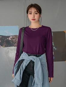 DAZY 素色圓領長袖女款上衣，秋季女裝上衣 - 中紫紅色 - 查看 3