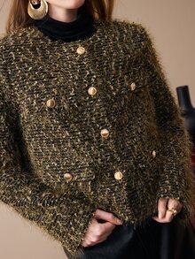 Arave Women's Jacket Broad Shoulder Straight Textured Woolen Double Breasted Gold Buttons Collarless Short Modern Olive Green Solid Winter Clothes Christmas - Army Green - View 5
