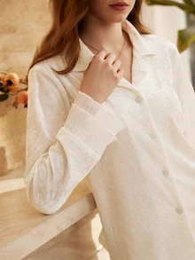 Moireta Women's Button-Up Top And Ruffle Hem Pants Pajama Set - White - View 6