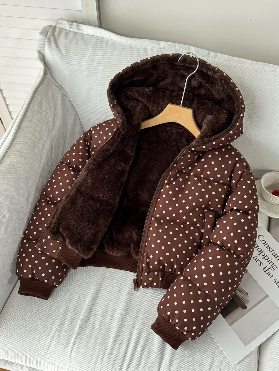 SHEIN 青少年女孩冬季新款黑色保暖內裡連帽短版羽絨外套 - 棕色 - 查看 1