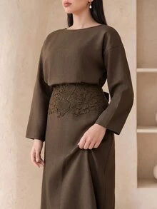 Veilorie Plus Size Elegant Embroidered Long Sleeve Dress For Weekend Outings - Brown - View 7