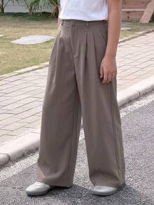 DAZY Tween Girl Fall Clothes Tween Girl) Solid Color Woven Wide Leg Long Pants - Mocha Brown - View 5