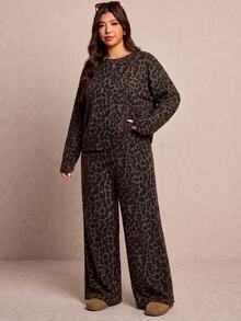 Elaquor Plus Size Women's Casual Loungewear - Black Winter Comfortable Set, Leopard Print Top And Pants, Suitable For Spring And Autumn Wear - Multicolor - View 6