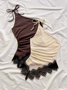 Soleia 2-Pack Women's One-Shoulder Ruched Tops With Lace Paneling - Multicolor - View 4
