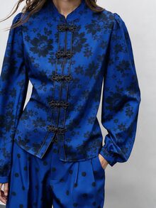 Nöista Women's Frog Button Long Sleeve Shirt And Pocket Pants Set - Blue - View 2