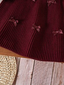 SHEIN Baby Girl Knit Contrast Color Cute Bow Collar Knit Autumn Winter Dress - Burgundy - View 6