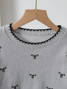 SHEIN 女童灰色可愛蝴蝶結刺繡針織毛衣，秋冬圓領撞色波浪邊長袖套頭上衣，柔軟親膚，適合學校、派對、日常休閒穿著 - 灰色 - 查看 3