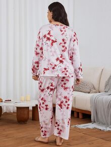 Serenescape Women's Plus Size Fashion Casual All-Over Floral Print Pattern Comfortable Milk Silk Fabric Long Sleeve Long Pants Pajama Set - Pink - View 2