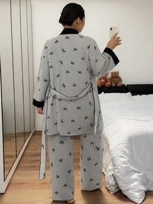Napfluff CURVE Napfluff CURVE Grey Striped Bow Print Soft Bubble Crinkle Fabric Contrast Color Plus Size Women's Cami Pants And Robe Pajama 3 Pieces Set - Grey - View 2