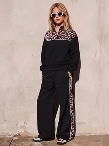 SHEIN 青少年女孩秋季套裝 2件/套 時尚休閒運動風 黑色立領夾克與長褲套裝，時尚簡約 - 黑色 - 查看 1