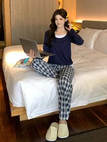 DAZY 2pcs/Set Women's Colorblock 2 In 1 Loose T-Shirt & Plaid Straight Leg Long Pajama Pants Sleepwear Set - Navy Blue - View 7