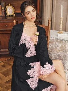 Côtesoire Women's Lace Patchwork Camisole Nightgown And Cardigan Casual Daily Home Sleepwear Set - Black - View 3