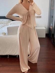 DAZY 3-Piece Minimalist Solid Color Women's Pajama Set - Khaki - View 5