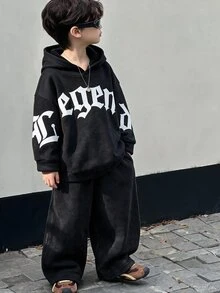 SHEIN Little Byeori 2件組兒童小男孩休閒街頭風韓式雪花與大字母印花秋季連帽長袖衛衣，純色鬆緊腰設計 - 黑色 - 查看 2