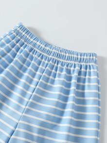 SHEIN 2件組女孩藍白條紋休閒套裝，半拉鍊立領長袖上衣 + 寬腿褲套裝，寬鬆落肩版型，清新淺藍條紋，適合日常上學、外出，韓系休閒運動風，中大童女孩百搭時尚套裝 - 彩色 - 查看 5