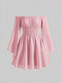 SHEIN Girlism Tween Girls' Solid Color Off Shoulder Cinched Waist Woven Dress - Pink - View 8