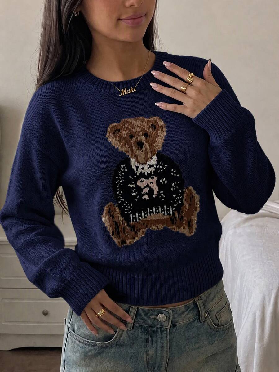 SHEIN Teen Girl Teen Girls Autumn Sweaters Bear Pattern Round Neck White Long Sleeve Knit Cute Sweet Preppy - Navy Blue - View 1
