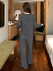 DAZY 2pcs Women's Pajama Set With V-Neck Long Sleeve Top And Straight Leg Long Pants, Featuring Wood Ear Trim And Ribbed Fabric - Dark Grey - View 2