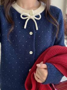 DAZY Áo cardigan len dáng rộng cho bé gái lớn, họa tiết chấm bi phối màu tương phản, trang trí nơ dễ thương, mùa thu/đông - Màu xanh hải quân - Xem 3