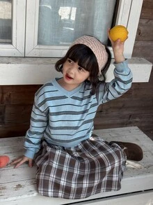 Dazy Kids Infant (Girl) V-Neck Korean Style Striped Long Sleeve Sweater - Blue - View 9